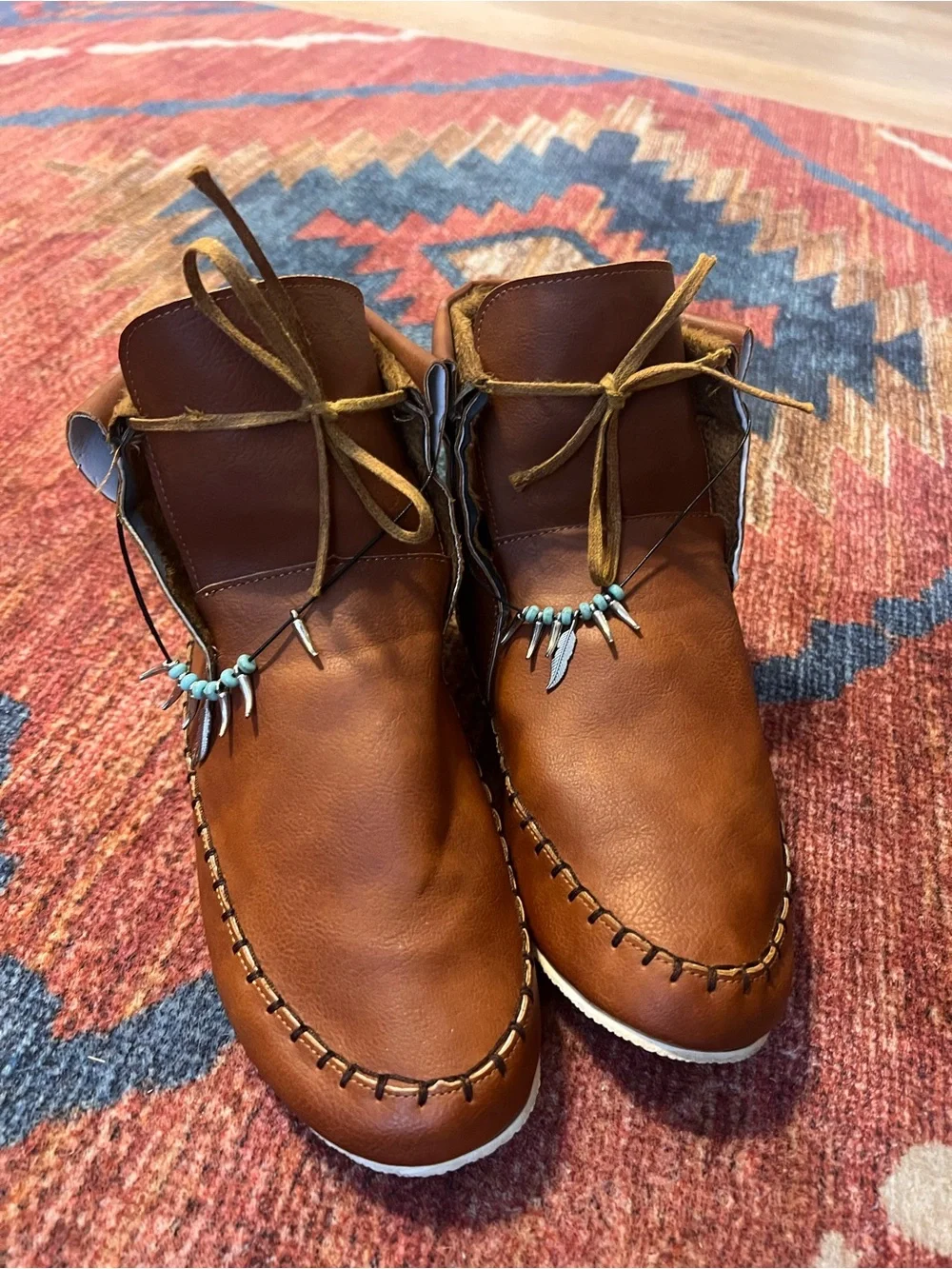 Women’s Brown Leather Moccasin Boots with Beaded Accent